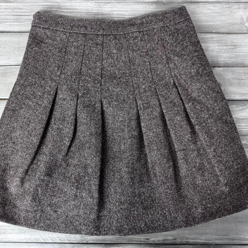 Gap Brown Herringbone 100% Wool Pleated Mini‎ Skirt Size 1 High Waisted Tweed - Picture 2 of 8